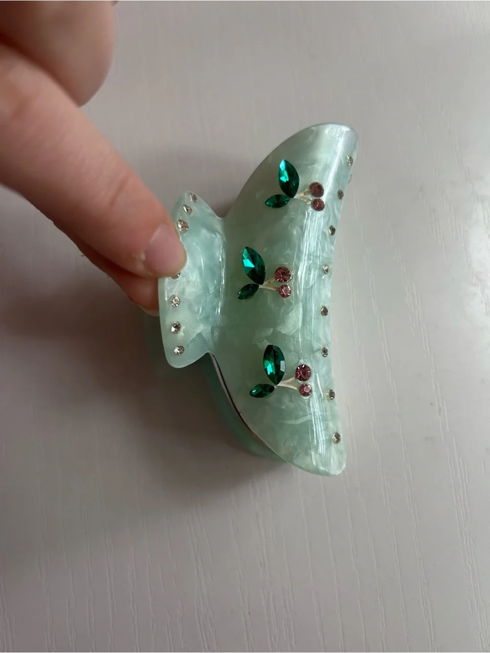 Mint Green Rhinestone Cherry Claw Clip